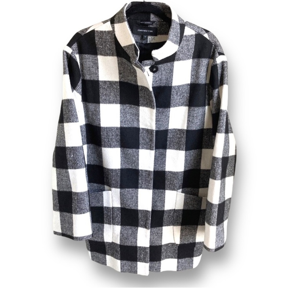 Jones New York Coat Black White Buffalo Plaid Relaxed Trench Knee Length Wool 14